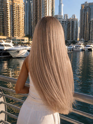 Seamless Clip-In Echthaar-Extensions 55 cm in Dubai Honey am Model — Rückansicht — ARIA HAIR