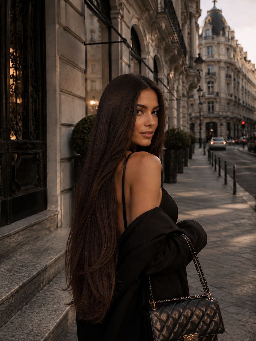 Włosy Seamless Clip-In 60 cm Madrid Cocoa na modelce – głęboki ciemny brąz, widok z przodu