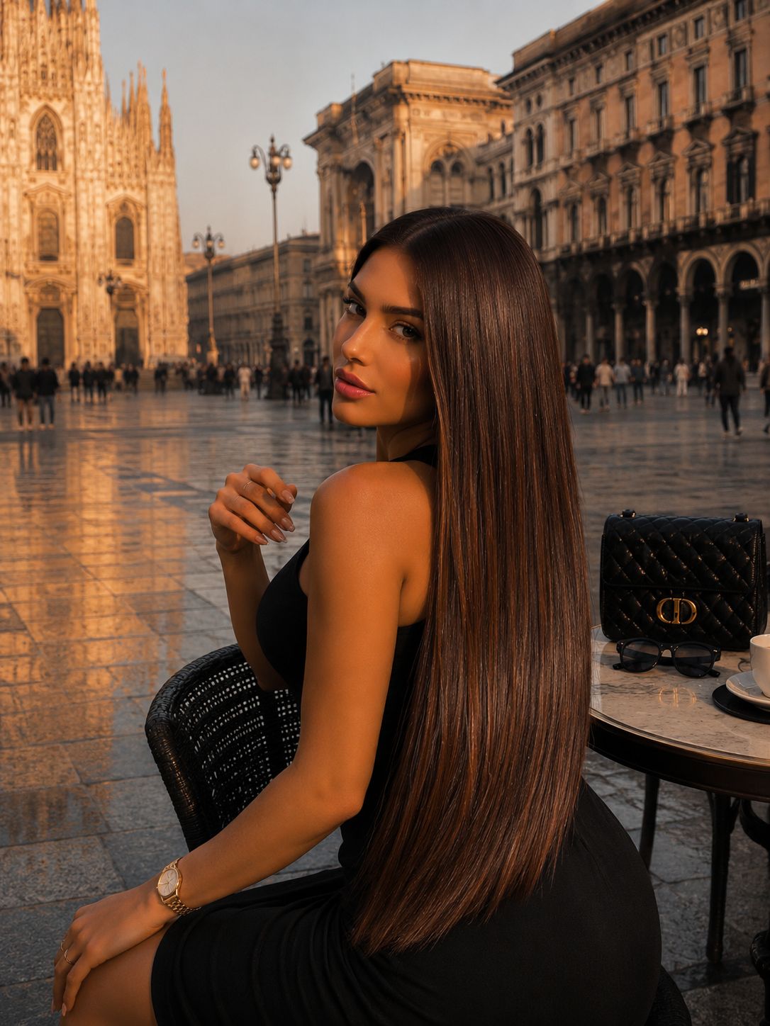 Włosy Seamless Clip-In 60 cm Milano Mocha na modelce – czekoladowy brąz, widok z przodu