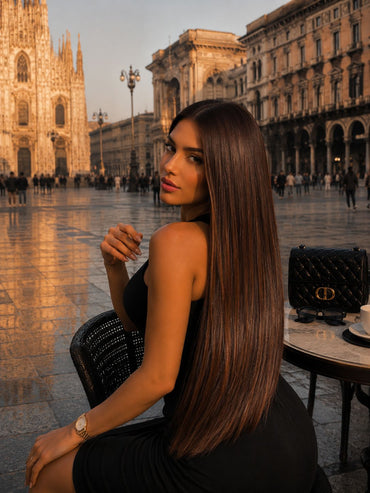 Seamless Clip-In Echthaar-Extensions 60 cm in Milano Mocha am Model — Vorderansicht — ARIA HAIR