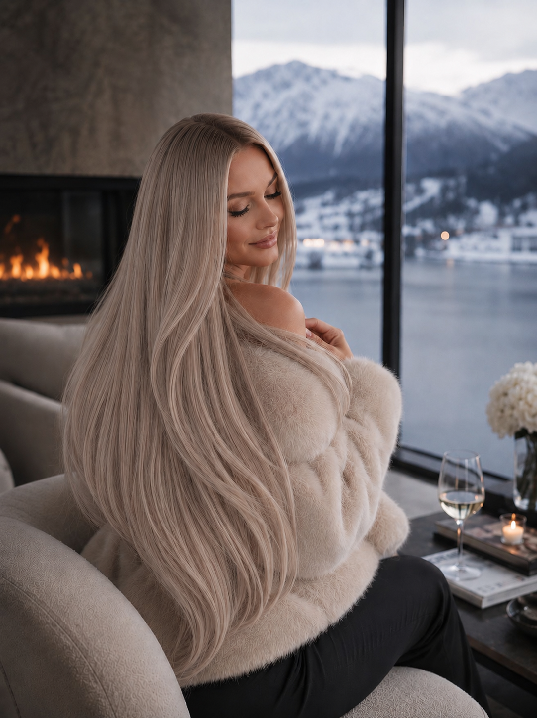 Włosy Seamless Clip-In 60 cm Oslo Ice na modelce – chłodny lodowy blond, widok z przodu