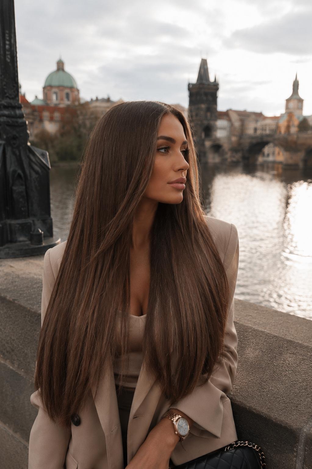 Włosy Seamless Clip-In 55 cm Prague Bronze na modelce – chłodny popielaty brąz, widok z przodu