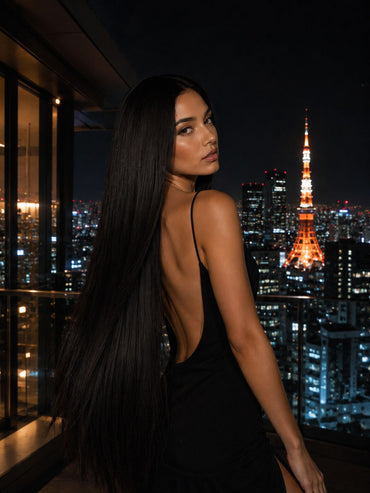 Seamless Clip-In Echthaar-Extensions 75 cm in Tokyo Night am Model — Vorderansicht — ARIA HAIR