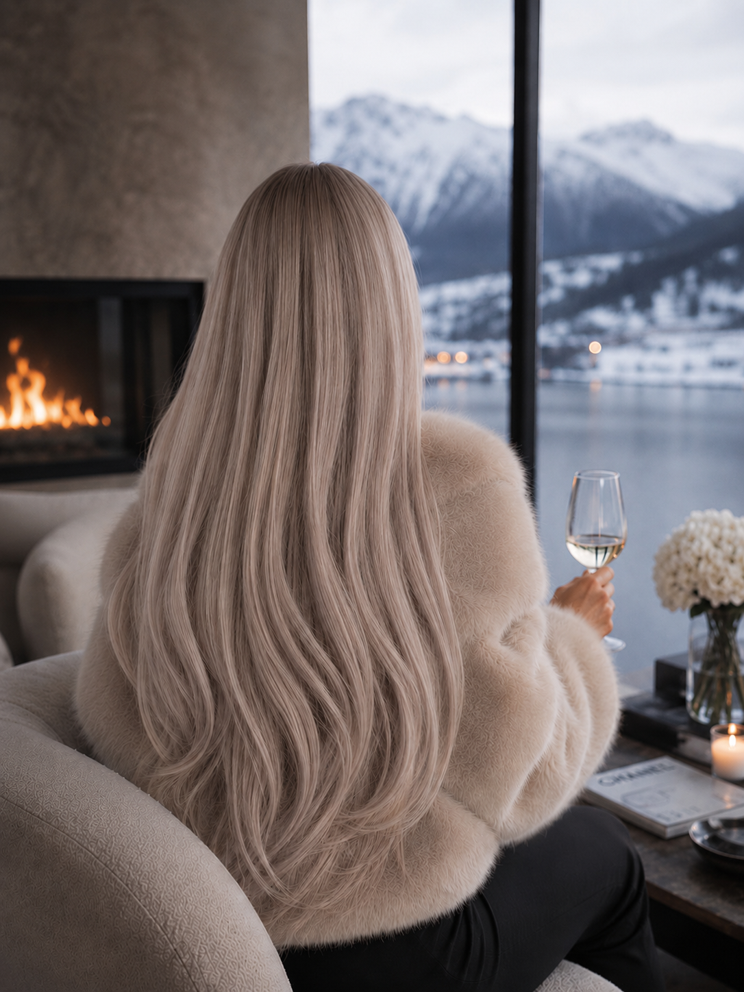 Włosy doczepiane Seamless Clip-In 60 cm Oslo Ice – długie gęste włosy w chłodnym blondzie, widok z tyłu