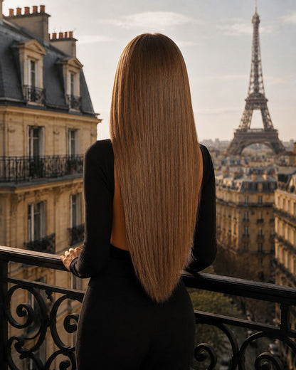 Seamless Clip-In Echthaar-Extensions 60 cm in Paris Brunette am Model — Rückansicht — ARIA HAIR