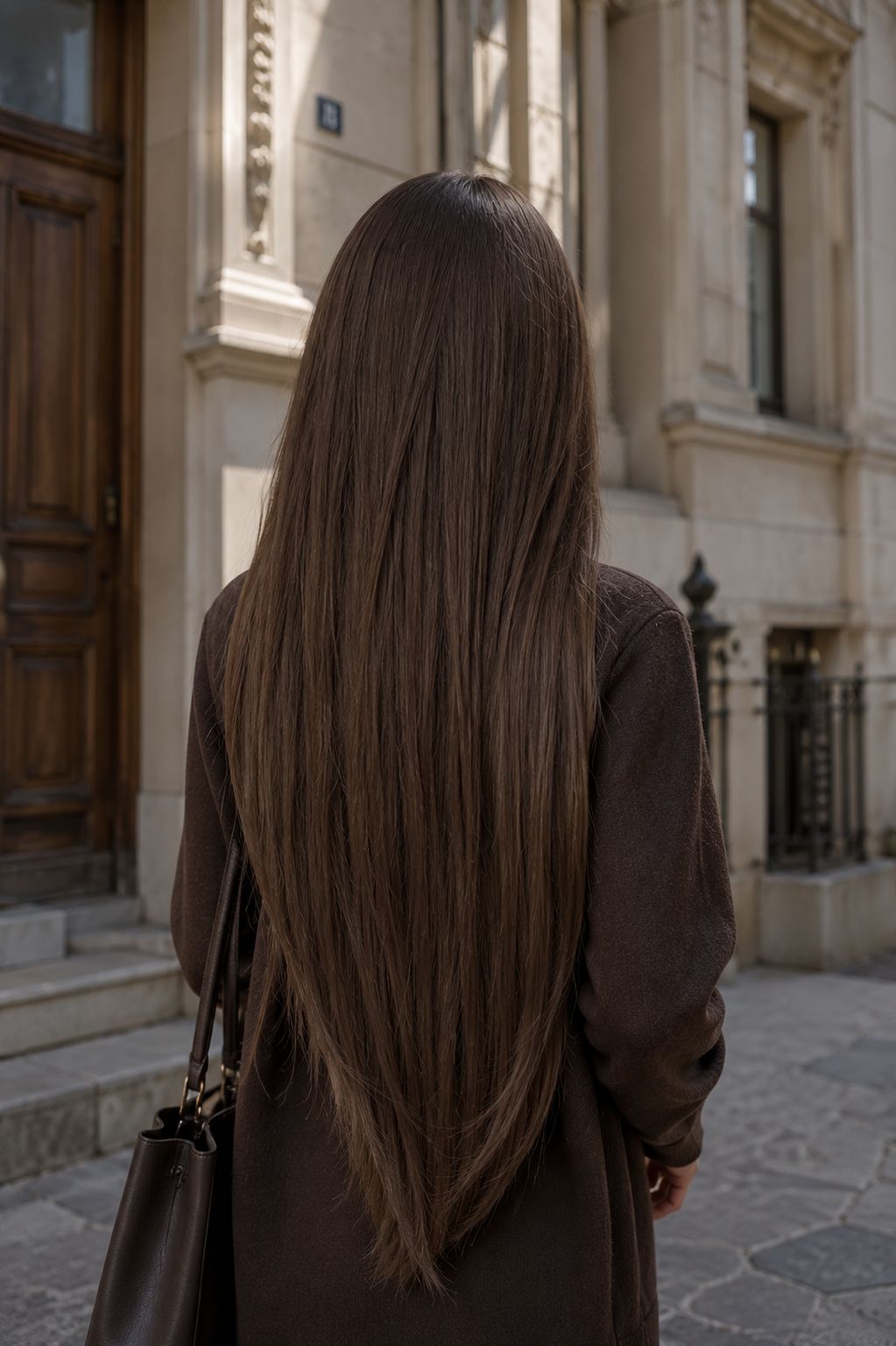 Włosy doczepiane Seamless Clip-In 60 cm Prague Bronze – długie włosy w chłodnym brązie, widok z tyłu