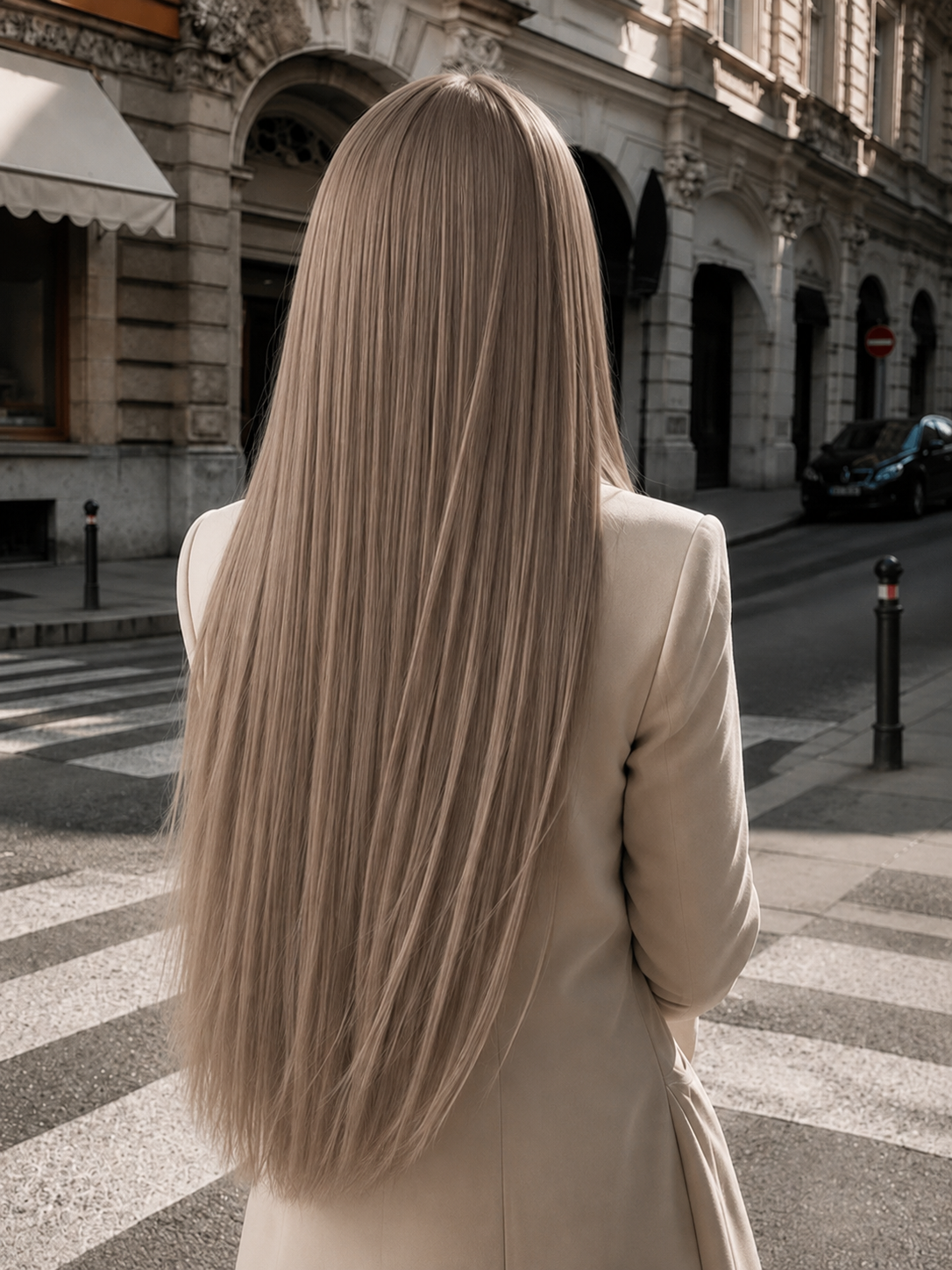 Włosy doczepiane Seamless Clip-In 60 cm Vienna Ash – długie włosy w beżowym blondzie, widok z tyłu